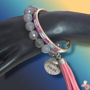 Country Chick Western Bracelet Stack Silver Tone Pink Crystal Tassel Gray Beads